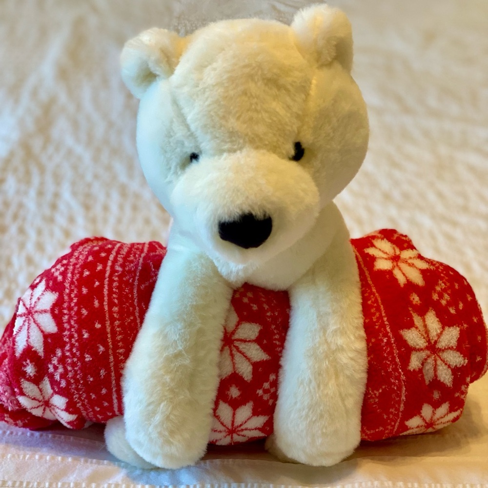 Plush Polar Bear with Red Snowflake Blanket